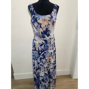Long Sundress– Blue Peach Tropical Leaf– Y2K Feminine Beachy Resort Summer Party